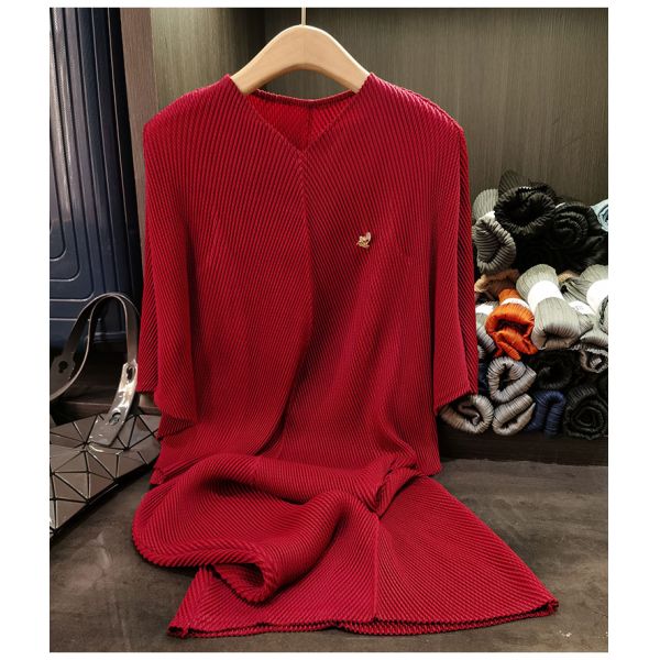 Women's Summer Dress Elegant Solid Color Loose Slimming Batwing Sleeve V-Neck Dragon Scale Pleated Casual