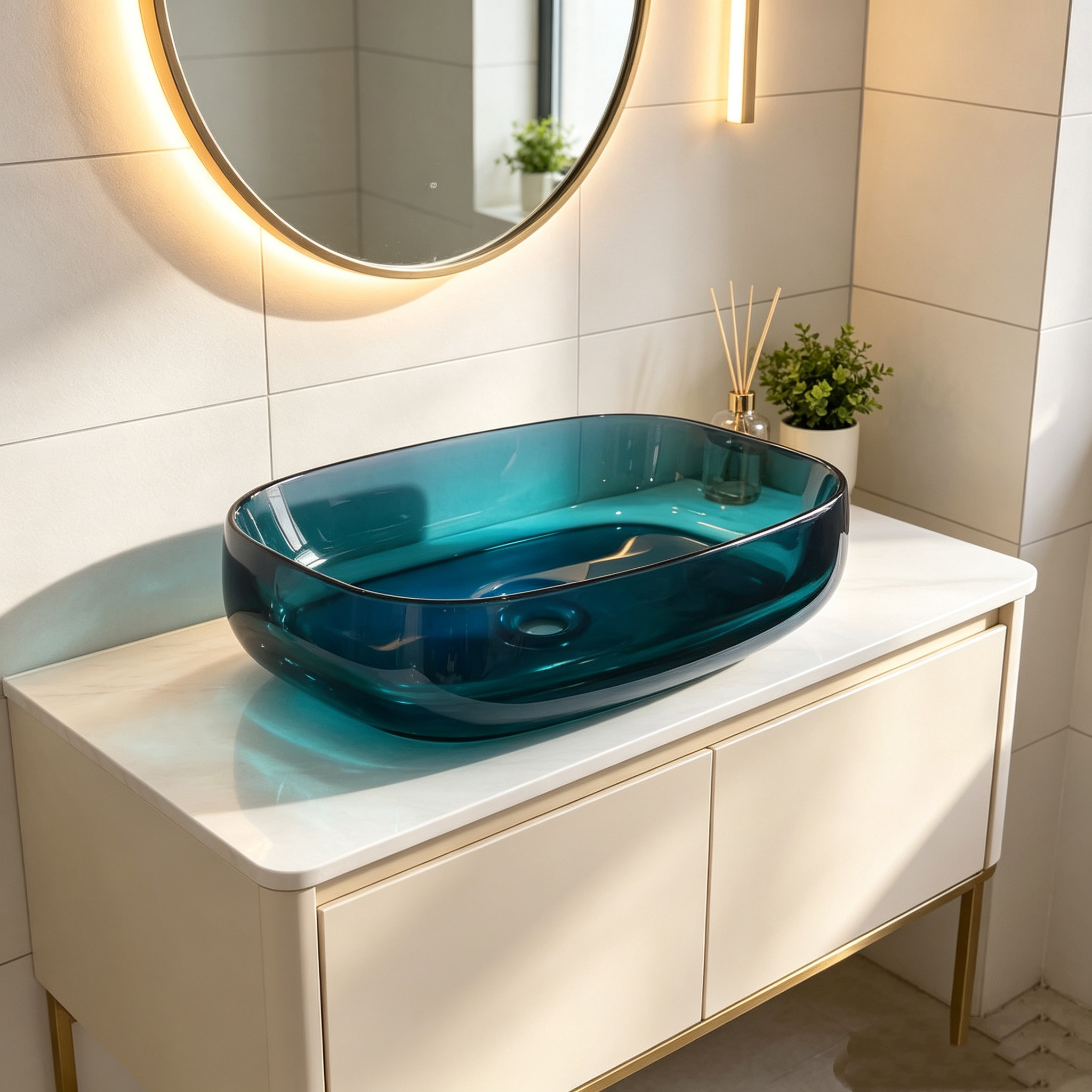 Deep Blue Transparent Resin Countertop Solid Surface Basin Vessel Sink Custom For Hotel Bathroom