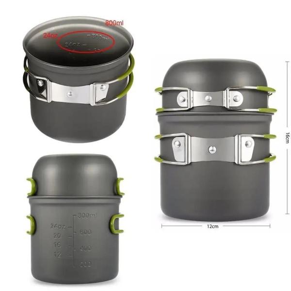 Outdoor Portable Aluminum Camping Pot Cookware Set Tableware Set with Grey Green Handle