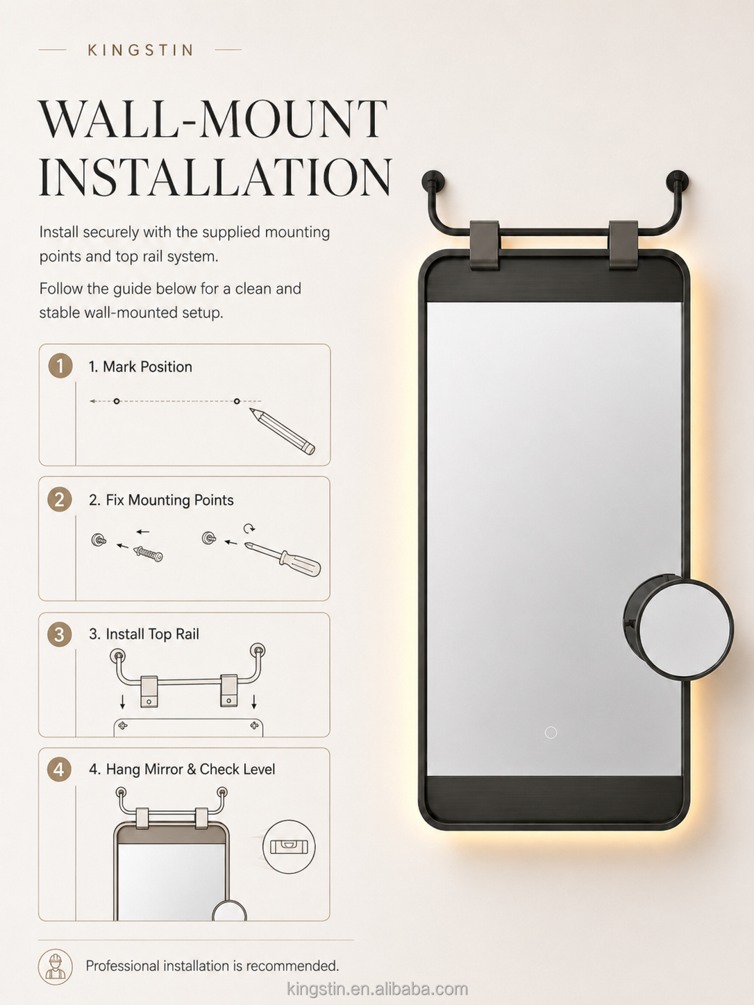 Kingstin Modern Hanging LED Mirror Custom Size Backlit Bathroom Vanity Mirror Anti-Fog Smart Touch Makeup Mirror