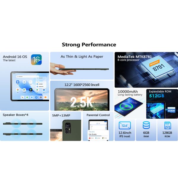 Kinstone 12.6 inch Andriod 16 Tablet PC 10000mAh, 4G Calling Tablet, 6GB+128GB