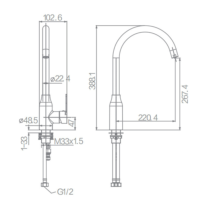 388mm Faucet кухни горячей и холодной воды 220.4mm отполировали финиш