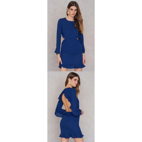 Latest Ruffle Open Back Design Blue Formal Dresses Women