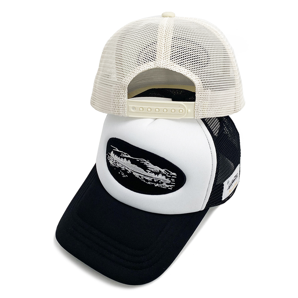 Different Tone Big Custom Embroidery Trucker Hats Snap Mesh Foam Back Woven Patch Side 5 Panel