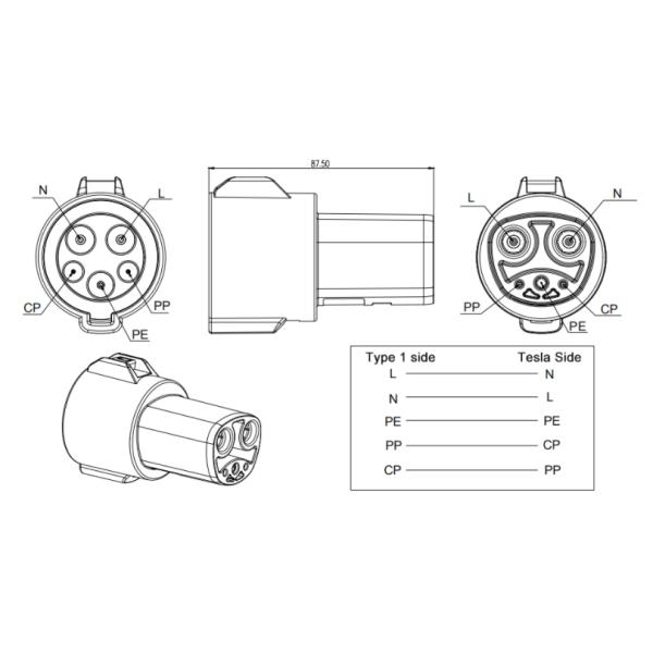 Black 250V 60A EV Charging Cable Adapter Tesla Adapter For EV Charger