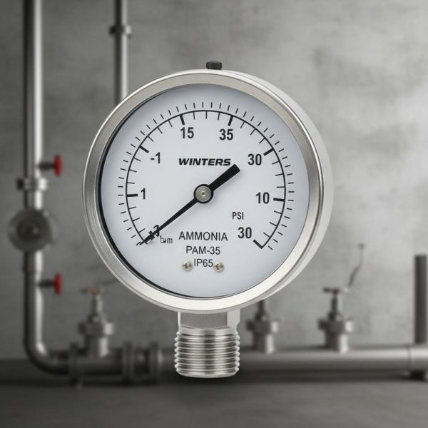 WINTERS PAM-35 Stainless Steel Ammonia Pressure Gauge with IP65 Protection and 63mm Dial Size for Industrial Use