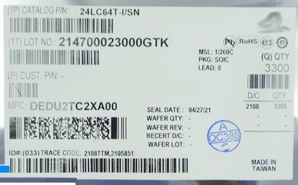 24LC64T-I/SN SERIAL Microchip Spi EEPROM 64KBIT 400KHZ, SOIC-8
