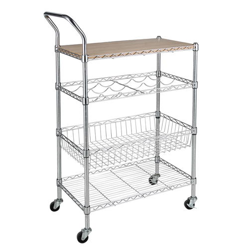 Kitchen Open Plan Storage Solution Wooden Top Steel Wire Shelving Cart