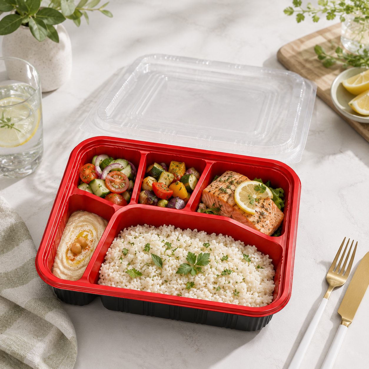 Clear Lid Five Compartment Trays PP Bento Tray for Balanced Meals Catering