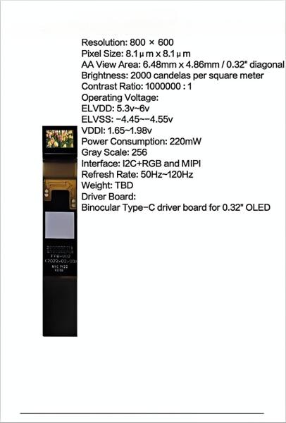 Écran OLED mini de haute luminosité Type-C Display monoculaire Solution 2000cd/M2 Contraste élevé 0,32 pouces 800*600 points