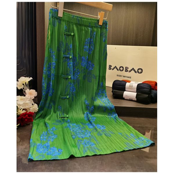 Original Design Pleated Chinese Style Disc Half Skirt 2024 Printed Pleated Skirt Wrap Slit Summer Skirt