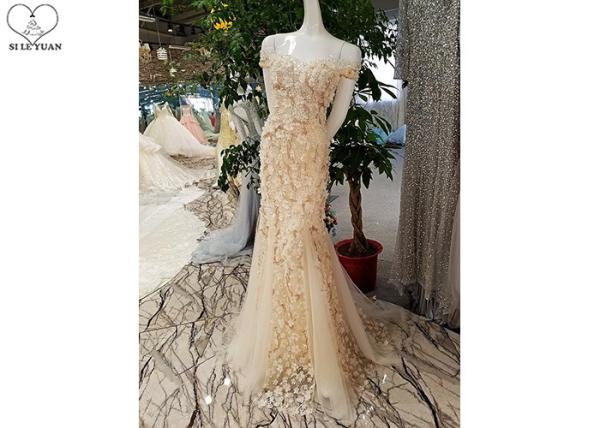 Short Sleeve Champagne Trumpet Prom Dress Lace Flowers With Beads Tulle Train