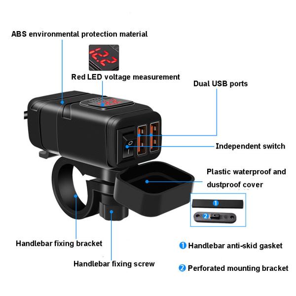 QC 3.0 Waterproof 12v Motorcycle Usb Outlet Iso Listed Red / Blue
