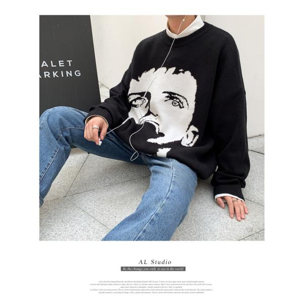 Standard Wool Autumn Pullover Men's Sweater Custom Jacquard Cartoon Pattern Knitted