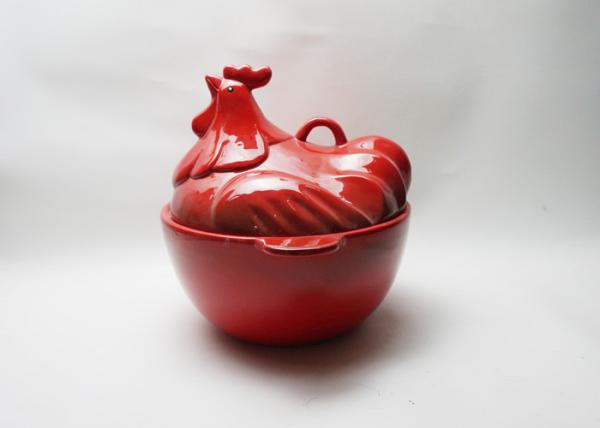 Rooster Shaped Ceramic Houseware Covered Baking Bowl Hand Painted Stoneware Earthenware