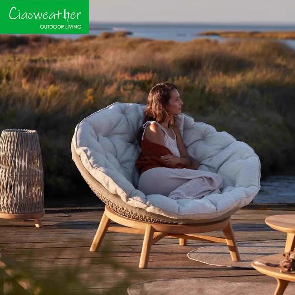 Morden Design Hotel Garden Sofa Teakwood Outdoor Furniture with Waterproof Fabric and Courtyard Wooden Lounger Chair