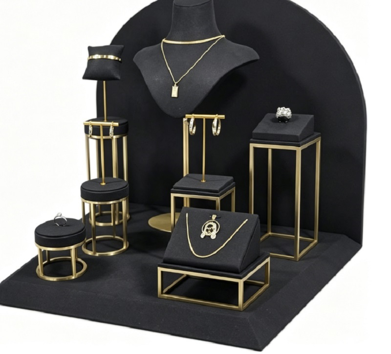 Luxury Black & Gold Velvet Jewelry Display Stand Set, Jewelry Display Props