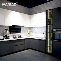 L Shaped PET Modern Kitchen Cabinet White And Grey With Pull Out Storage Basket