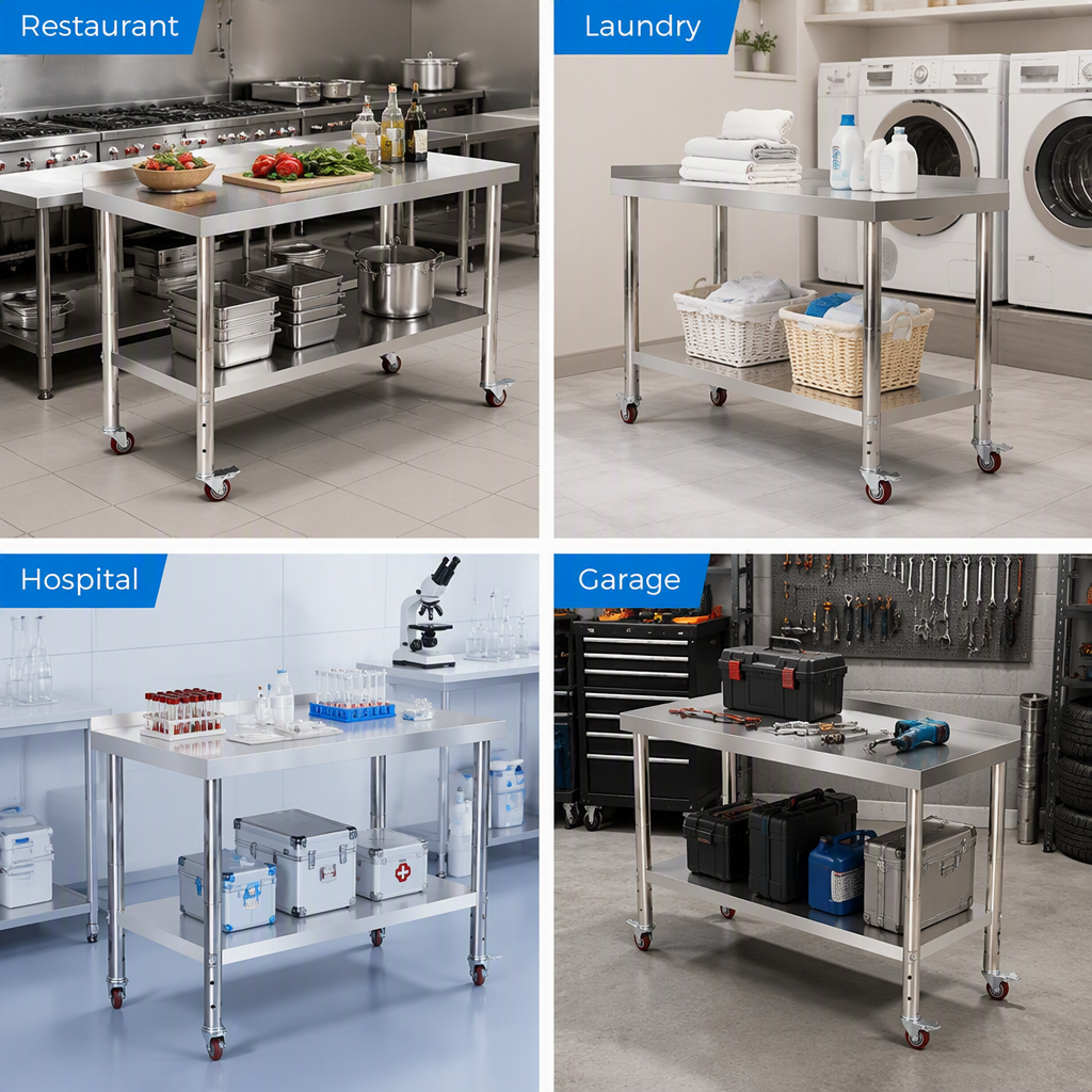 Mobile Stainless Steel Work Table with Adjustable Height and Casters for Commercial Kitchens