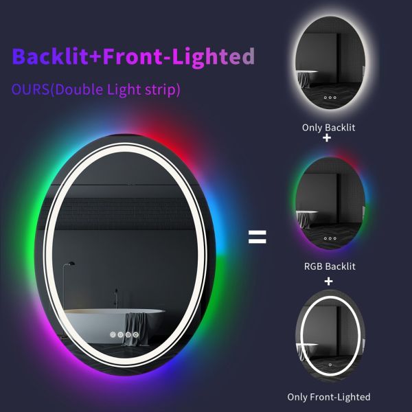 Oval RGB LED Lighted Smart Bathroom Mirror High Definition Eco-Friendly Explosion-Proof Anti-Fog Modern Design IP44 Illuminated