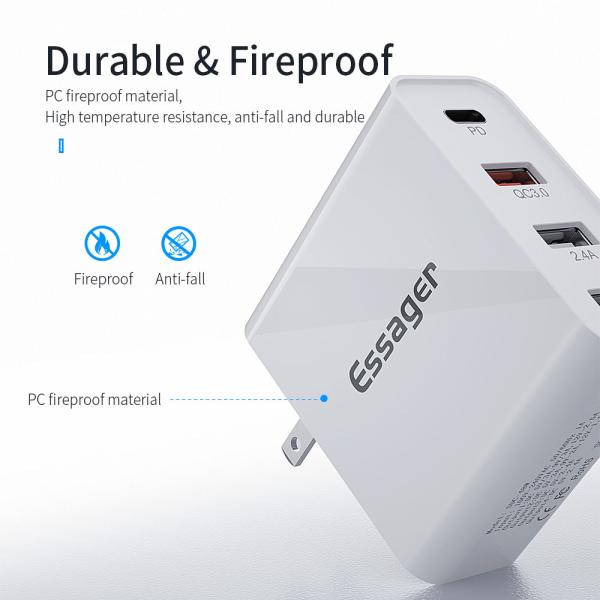 Essager 2021 Earl 48W USB Type C 4 Ports 18W 48W Fast Charging Pd Wall Charger For Mobile Phone With Cable