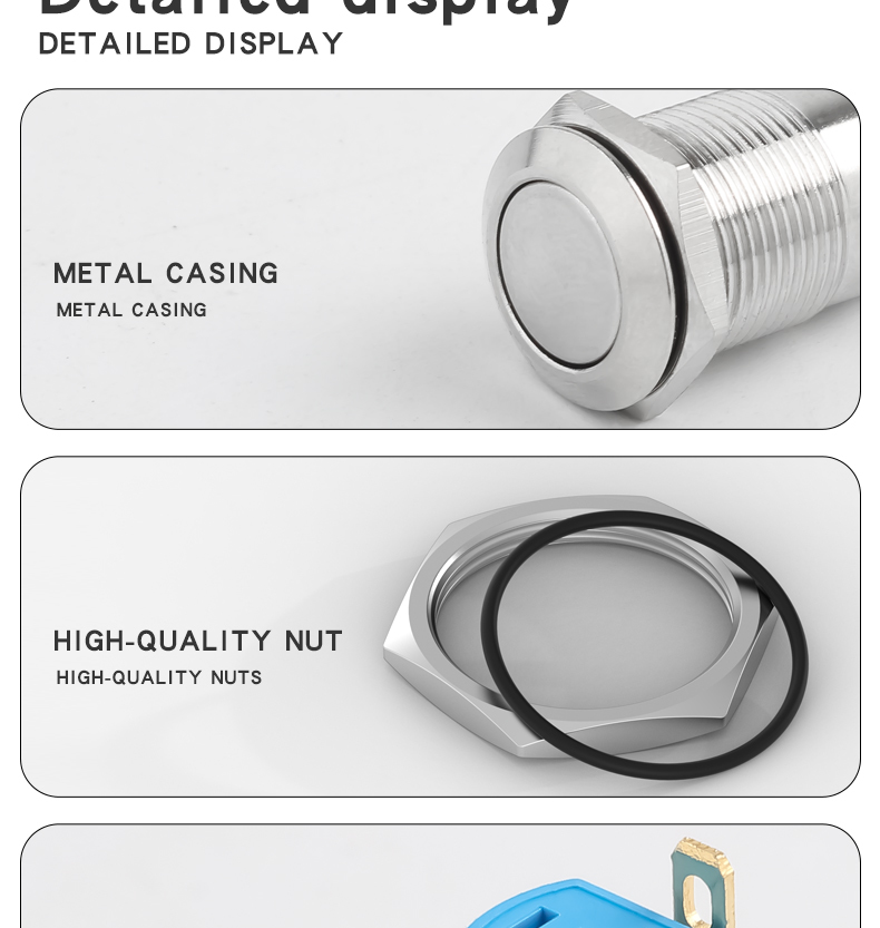 12mm Metal 2-Pin Push Button Switch, Self-Locking and Self-Resetting, Screw Terminals, Solder Pins, No Light, High Flat Head, Small Modding Button