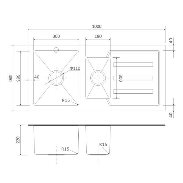 40' Sliver Tempered Glass Kitchen Sink 16 Double Bowl 100x48