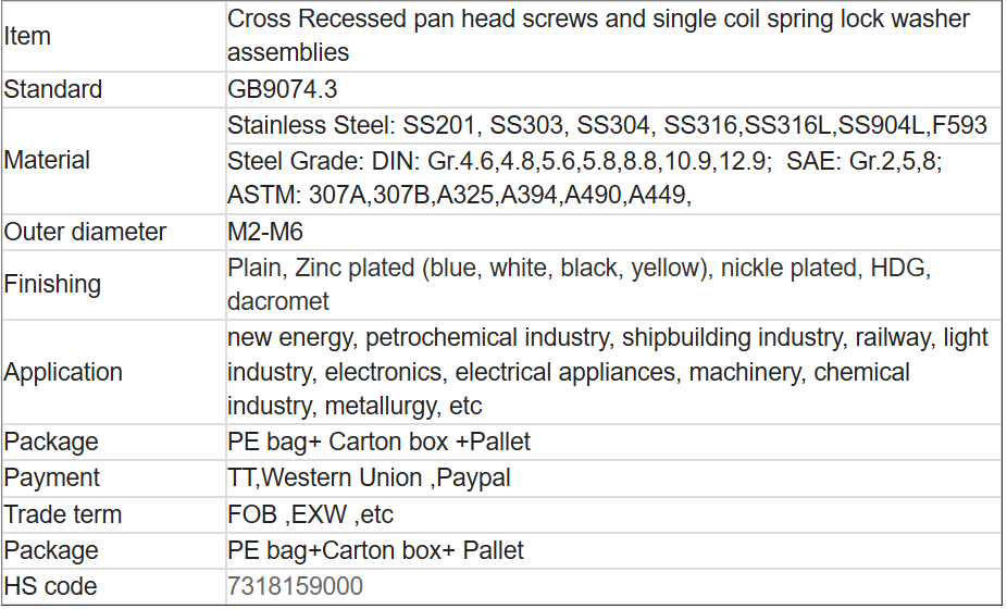Cross Recessed pan head screws and single coil spring lock washer assemblies