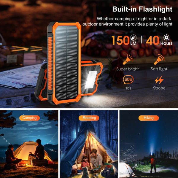 Solar Wired Power Bank 10000mAh Portable Wireless Charger Outdoor Battery Fast Charging
