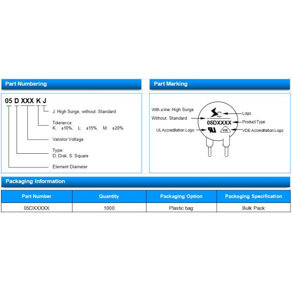 82V Radial Lead Metal Oxide Varistor MOV 05D820K / 05D820KJ Ф5mm Package Type