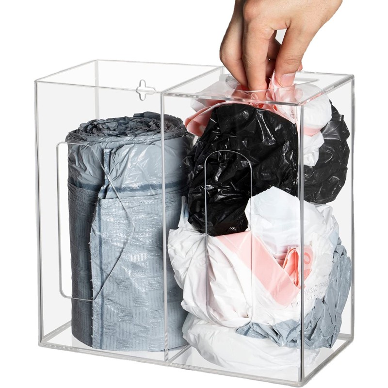 Wall Mounted Acrylic Storage Organizer with Grocery Bag Holder and Trash Bag Dispenser for Kitchen Bathroom Wall