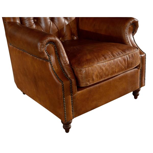Georgian Style High Backed Winged Leather Chairs , Brown Leather Armchair Deep Buttoned Back