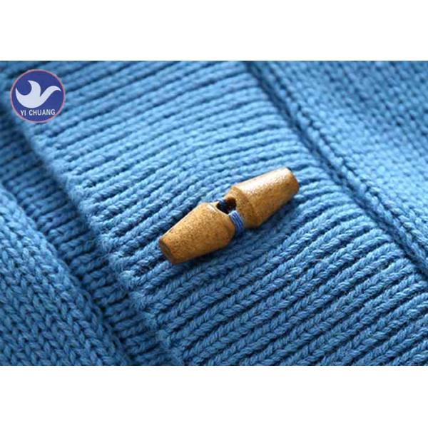 Soft Shawl Collar Kids Knitted Cardigan , Boys Blue Cardigan Sweater Fake Horn Wood Button