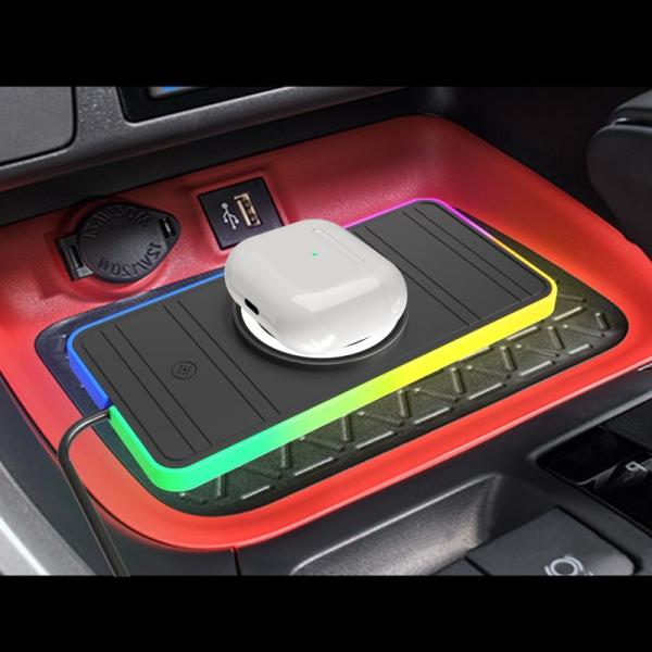 Pad de carregamento sem fio de carro de silicone RGB LED Qi Apple Samsung Earbuds Compatibilidade