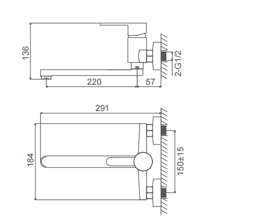 291mm Length Wall Mount Kitchen Sink Faucet Zinc Lever Kitchen Swivel Tap