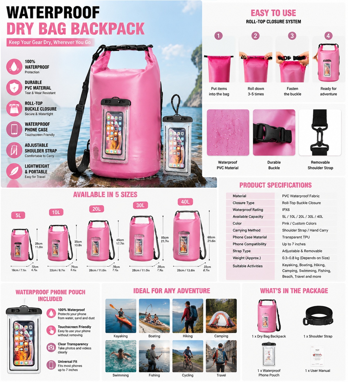 Waterproof Dry Bag Backpack with Phone Case, Roll Top Waterproof Backpack for Kayaking Hiking Camping Boating Beach Travel, Lightweight Dry Sack with Adjustable Shoulder Straps, 5L 10L 20L 30L 40L
