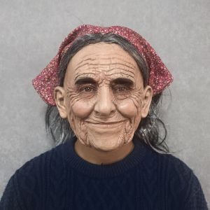 Realistic Old Woman Latex Mask with Hair and Headscarf - Wrinkly Grandma Female Face Disguise for Adults Halloween Cosplay Costume Props