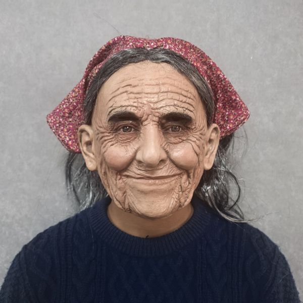 Realistic Old Woman Latex Mask with Hair and Headscarf - Wrinkly Grandma Female Face Disguise for Adults Halloween Cosplay Costume Props