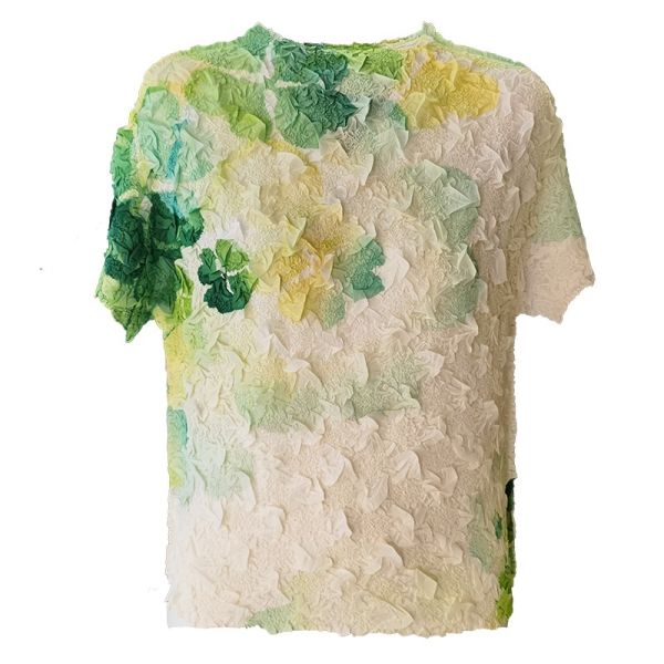 Design Gradient Printed Spring Summer New Elegant Casual Top Half-High Collar Short-Sleeved T-Shirt Loose Pleated