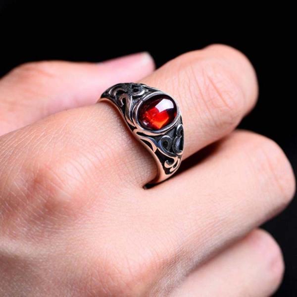 Thai Retro Sterling Silver Oval Created Garnet Ring For Men (013682)
