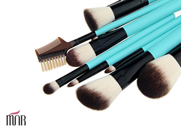 Cosmetic Green Professional 15 Piece Makeup Brush Set Wih Synthetic Hair