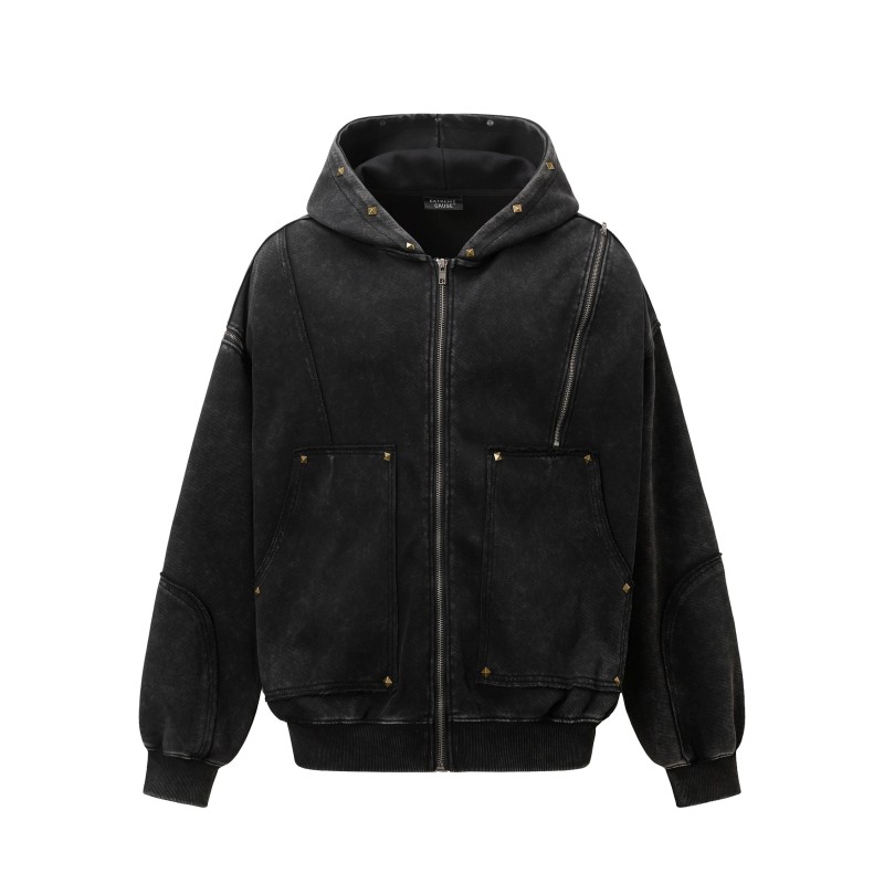 Unisex Winter Fleece Jackets with Pockets Zippers Washed Black/Dark Grey Hoodie Windproof Oversized Fit Vintage Style 3D