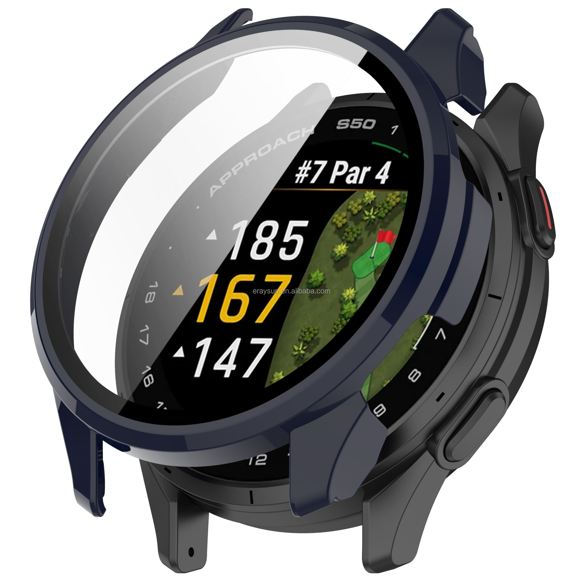 Eraysun Tempered Glass Case for Garmin Approach S50 Watch Full Coverage Bumper Protective Shell Screen Protector