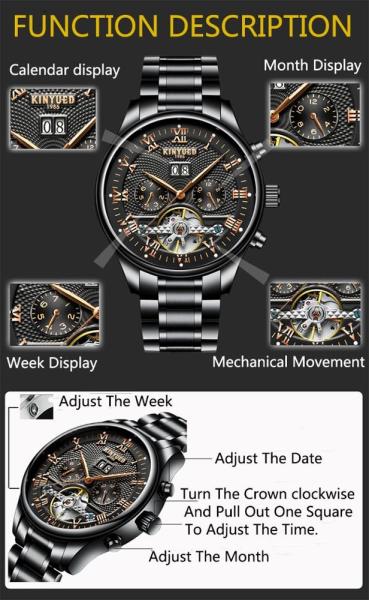 Fashion Stainless Steel Tourbillon Movement Mens Watch  Waterproof KINYUED Automatic Mechanical Watches