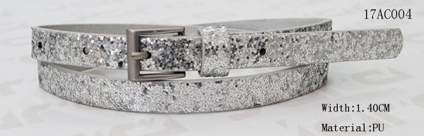 Old Silver Buckle Kids Elastic Belt , 1.4cm Skinny Glittery PU Girls Elastic Belt