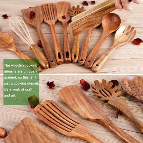 LFGB Wooden Kitchen Utensil Set 9Pcs Spatula Spoon Storage Bucket Cooking
