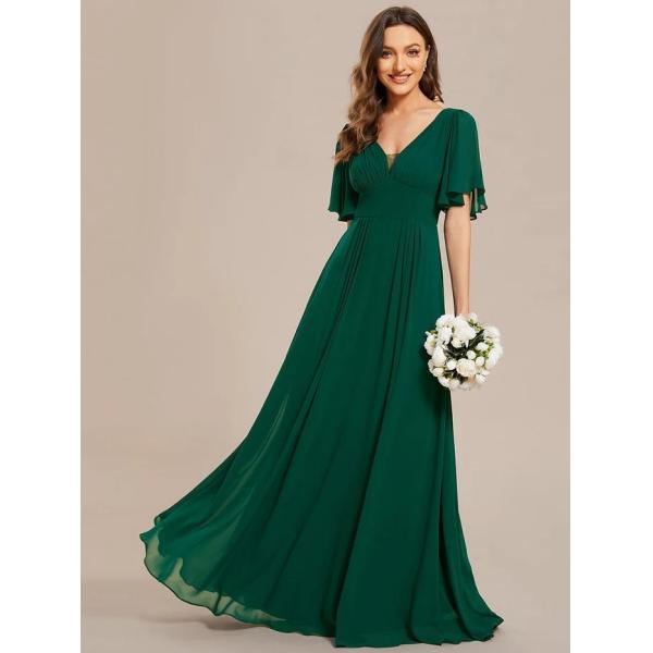 Simple V-neck Zipper Short Sleeves Empire Waist A-line Maxi Ruffled Dark Green Chiffon Bridesmaid Dress