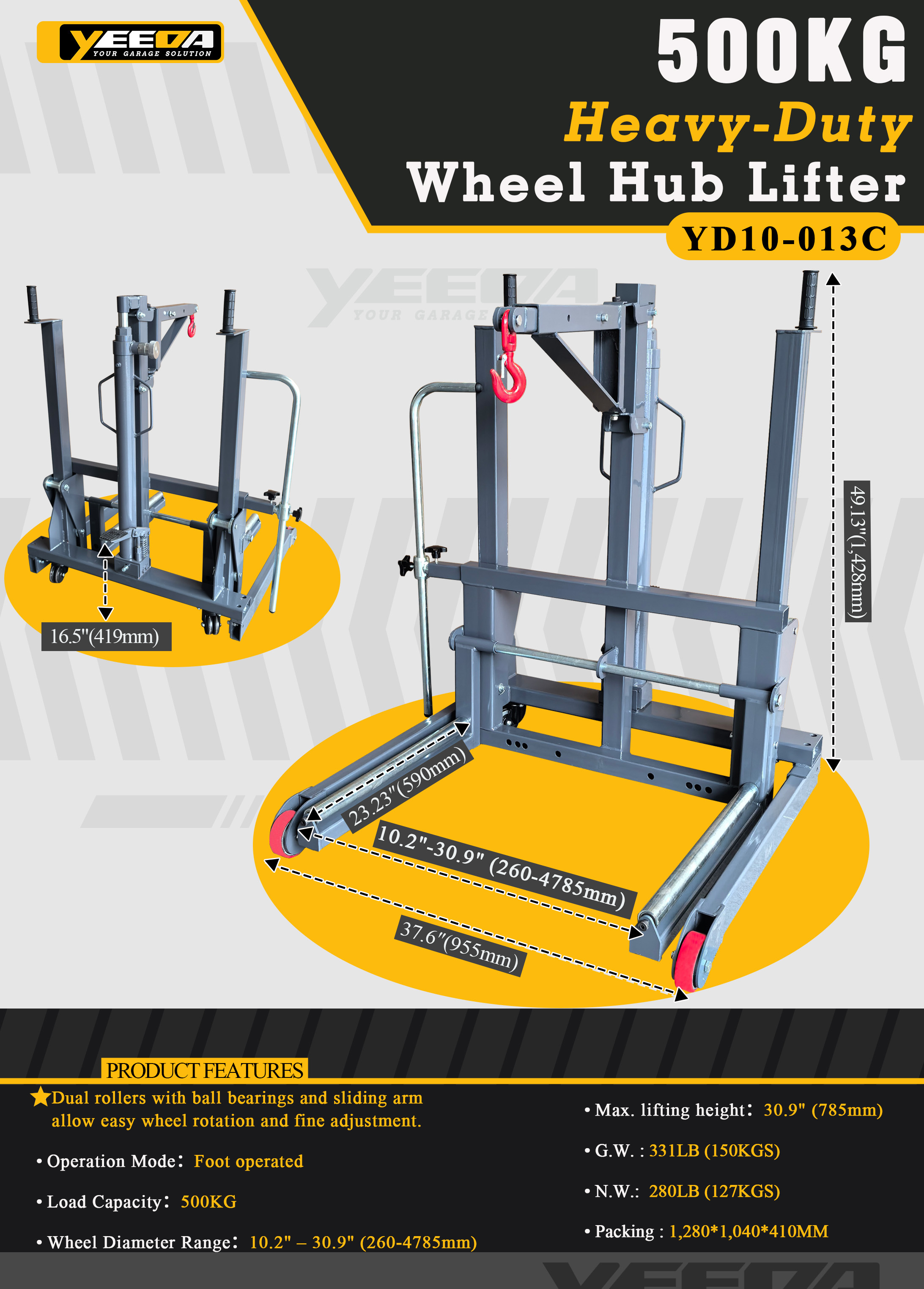 500KG Heavy Duty Wheel Hub Lifter Foot Operated with Dual Rollers for Garage Lift
