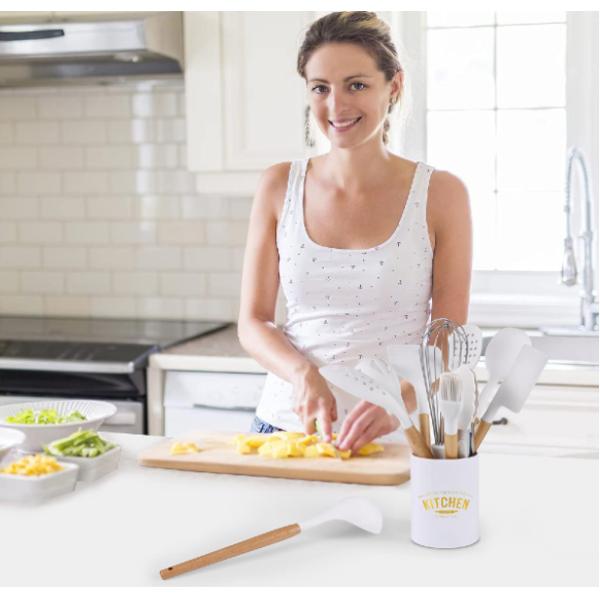 11 Pieces heat resistant  Silicone Kitchen Utensil Sets With Holder,Wooden Handle