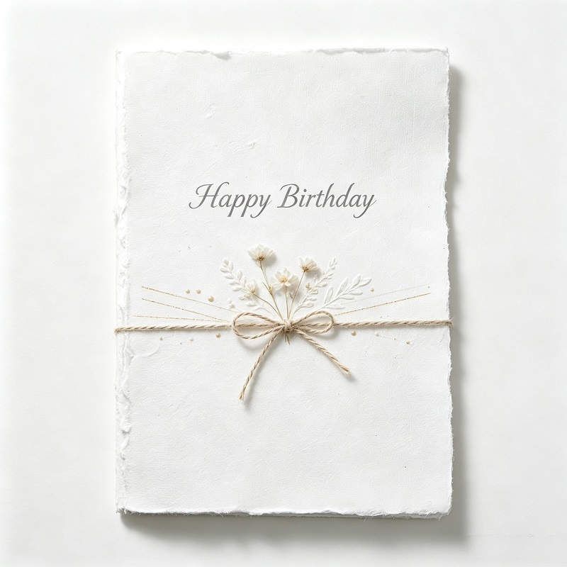 Handcrafted cotton paper birthday cards with deckle edges and pressed flowers
